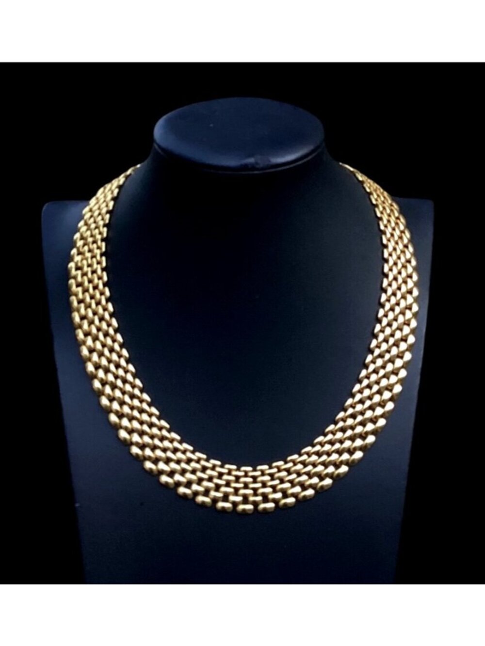 Vintage 7 Row Panther Link Collar Necklace Gold Tone Wide Brick Mesh 1960s–1980s